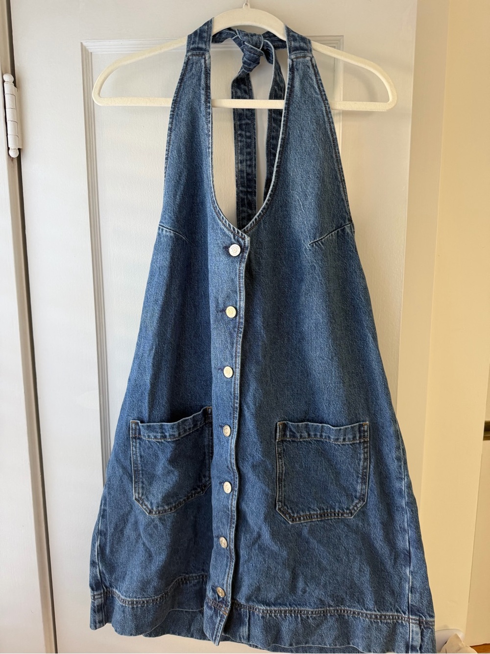 REFORMATION BRITTANY HALTER DENIM MINI DRESS
